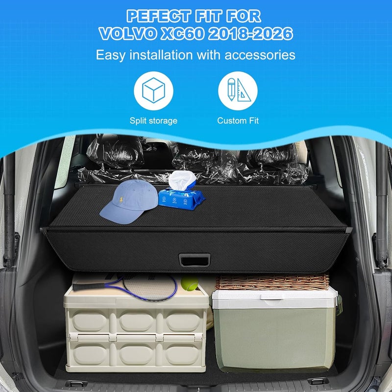 AUXKO Retractable Cargo Cover for Volvo XC60 2026-2018, Trunk Cargo Cover Luggage Security Shade Cover for 2026 2025 2024 Volvo XC60 Shielding Shade Anti-Peeping Luggage Privacy Screen, Carbon Fiber - Image 2